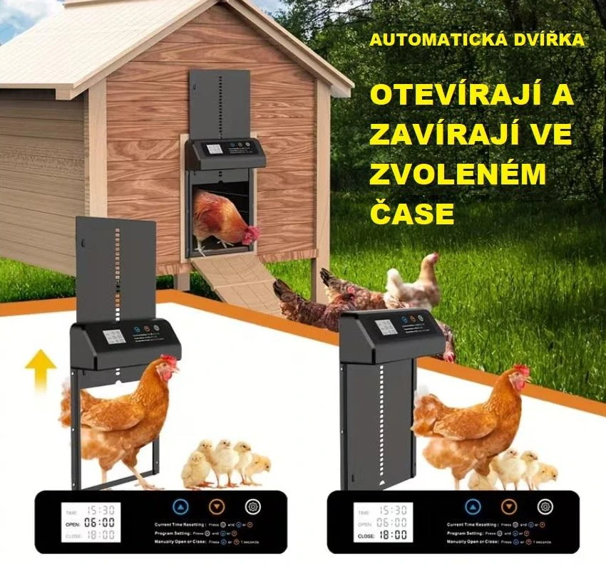 Automatická dvířka do kurníku s časovačem a světelným senzorem - baterie ZDARMA