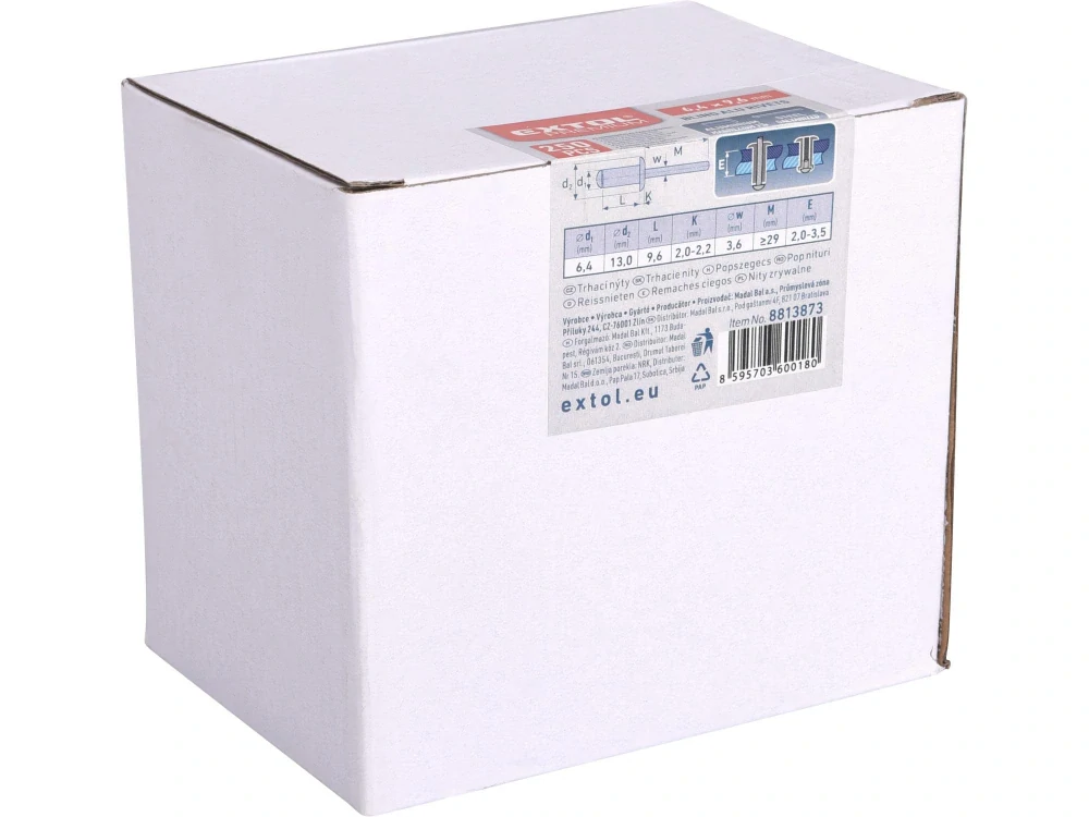 Trhací nýty hliníkové - sada 250ks, O 6,4x9,6mm plochá hlava