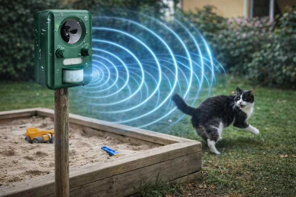 Repasovaný venkovní ultrazvukový odpuzovač kun, psů, koček, netopýrů a ptáků bez baterií