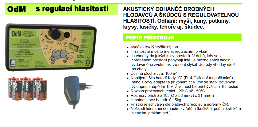 Zvukový odpuzovač kun a myší FORMAT-ODM s regulací hlasitosti