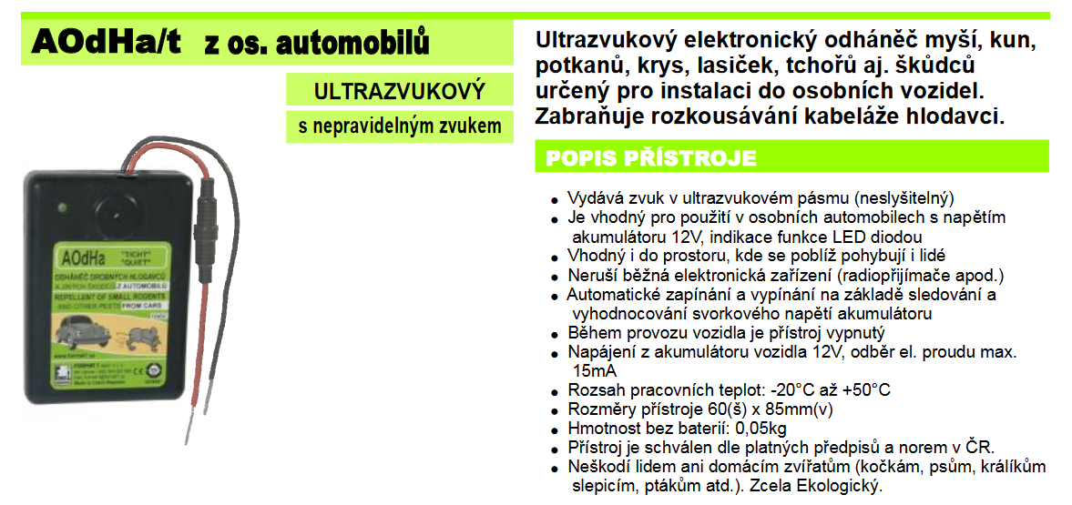 Ultrazvukový odpuzovač kun a myší do auta AODHA/T